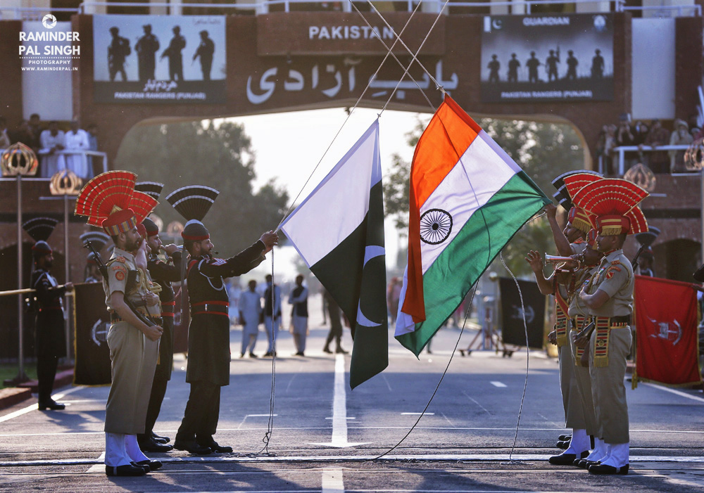 retreat ceremony being performed at attari/ wagha border post at indo pak border. 