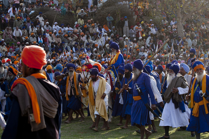 nihang sikh procession at anandpur sahab during hola mohalla festival.