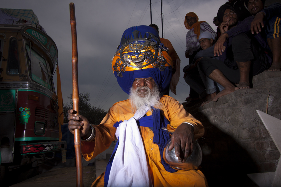 old man of nihang sikh soldiers wearing big turban. 
