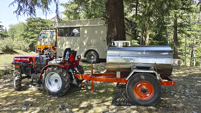 <img src="stainless steel food grade water tanker.jpeg" alt="stainless steel food grade 304 water tanker with mini tractor for camp camping himachal india">