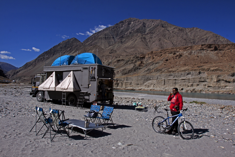 caravan deployed at nimu outside leh in ladakh for campervan family holiday in a peaceful location for experiential vacation for photographers to enjoy photo tours 