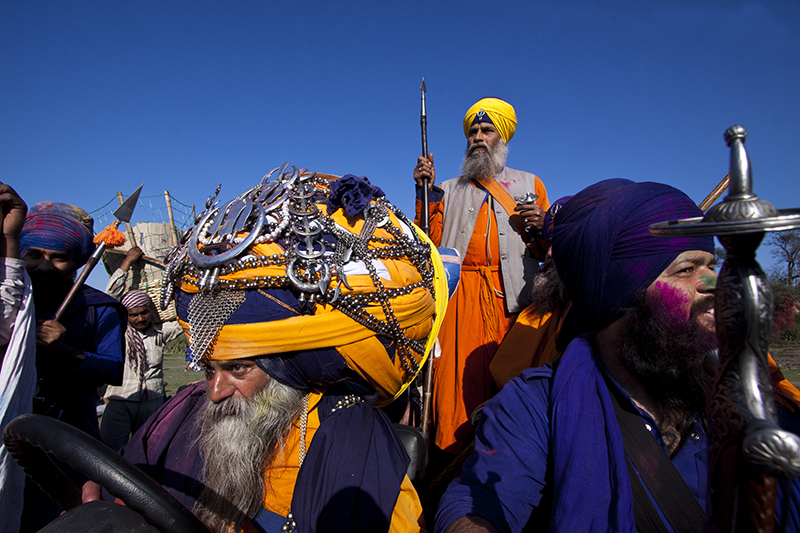 nihang sikh in traditional attire during hola mohalla in Punjab. 