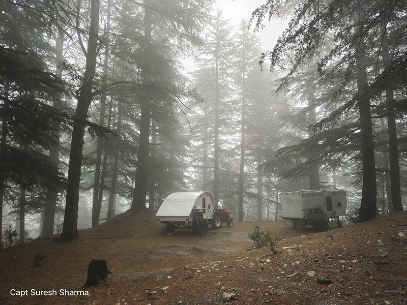 offbeat jungle camp in deodar woods with caravan motorhome campervan in barot valley and dharamshala in himachal.