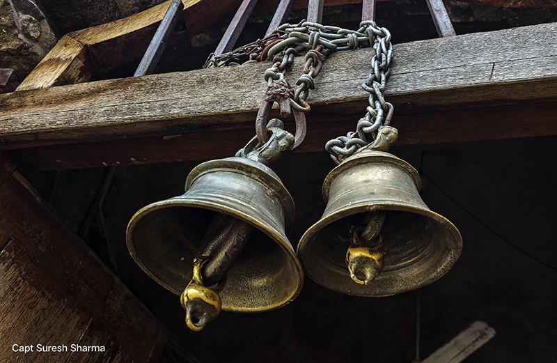 temple bells hanging at the door of the temple of the Kangra fort. 